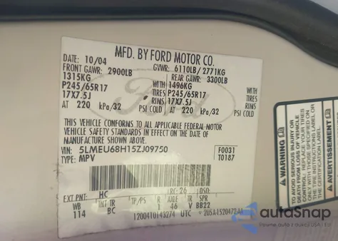 2005 Lincoln Aviator from USA, damaged, VIN 5LMEU68H15ZJ09750